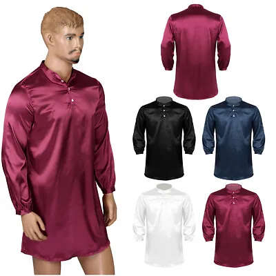 Mens Satin Silk Pajamas Nightwear Long Sleeve Loose Pullover Nightshirt Sleep • $15.61