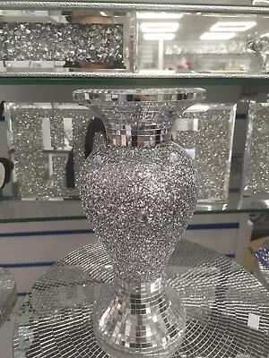 £19.99 • Buy 30Cm Sparkle Diamond Crushed Crystal Sparkly Silver Mirrored Floor Vase Style053