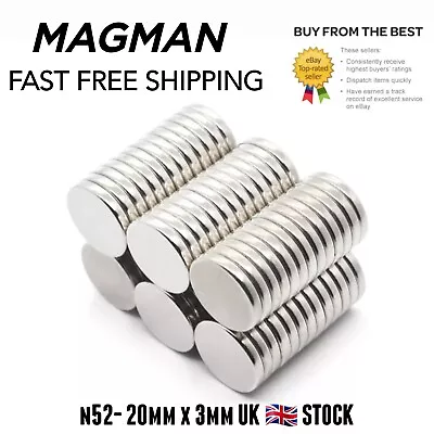 20mm X 3mm Magnets Neodymium Disc  20 X 3 Rare Earth Magnet Strong N52 Grade  • £129.99