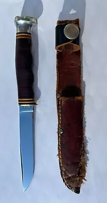 Vintage Ka-Bar 8  Fixed Blade Hunting Knife Stacked Leather Handle W/Sheath • $40