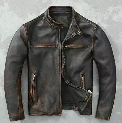 Men’s Motorcycle Biker Vintage Cafe Racer Distressed Brown Real Leather Jacket • $44.55