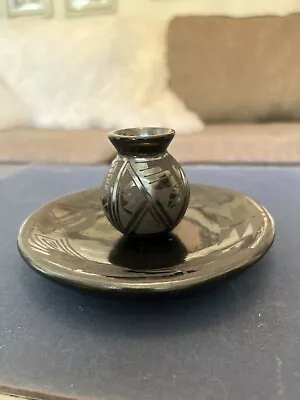 Vtg  Black On Black Mini OLLA Pottery Vase Signed RRR And Plate Casa Grandes Mex • $30