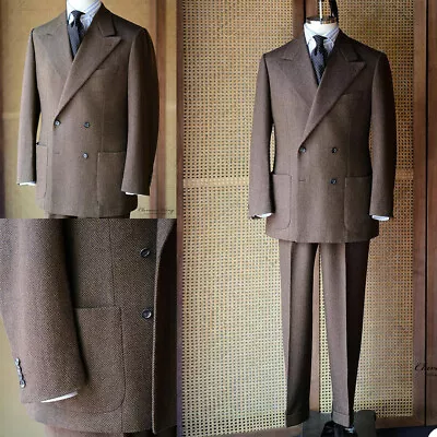 Vintage Men's Suits Tweed Double Breasted Herringbone Peak Lapel Business Tuxedo • $92.71