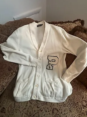 Polo By Ralph Lauren Cream Varsity Cardigan Sweater XL Chenille Patch And Pins • $99.99