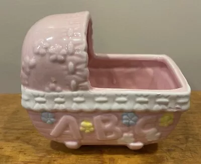 Ceramic Nursery Planter Vintage Pink White Trim Baby Bassinet 1980's ABC • $9.99