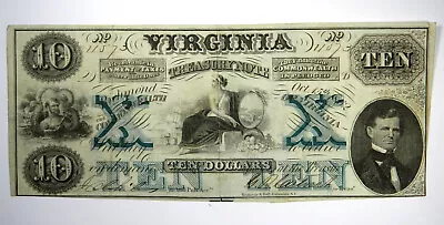 1862 $10 Virginia Treasury Note Va Obsolete ~ Vf/xf! Sn#11573 • $98