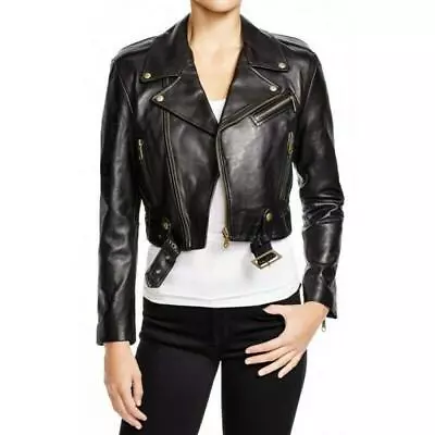 Women Genuine Leather Cropped Motor Biker Jacket Soft Lambskin Slim Black Coat • $141.55