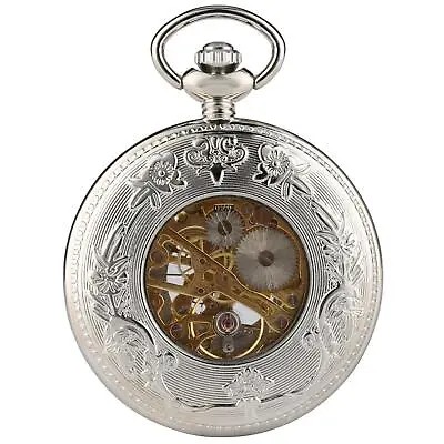 Retro Hollow Mechanical Movement Pocket Watch With Fob Chain Women Men Gift • £25.55