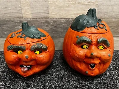 Anthropomorphic Face Vintage Ceramic Jack-O'-Lantern Pumpkin Halloween Jar Set A • $31.99