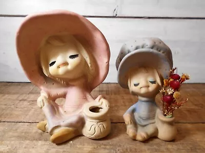 Vintage Stoneware UCTCI Japan TWO Poppet Trixie Girl Figurines Big Eyes Big Hats • $15.40