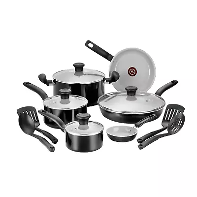 T-Fal Initiatives Ceramic Cookware 14piece Set Black For Natural Healthy Cooking • $80.74