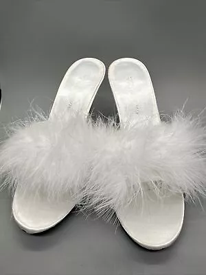 Fabulicious White Satin And Marabou Bedroom Slippers With 3  Heel Very Clean • £28.94