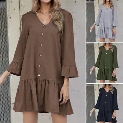 $30.78 • Buy 100%Cotton Womens Summer Flare Short Sleeve V Neck Casual Fishtail Ruffles Dress