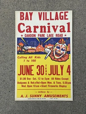 $49.99 • Buy Vintage Circus Carnival Poster Clown Bay Village Ohio Cahoon Park Triangle Co