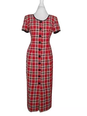 80s Misty Lane Red Plaid Maxi Dress Button Front Wiggle Dress / Size 4 • £34.21
