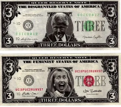 Bill And Hillary Clinton 3 Dollar Bills Novelty Fake Funny - One Each! • $4.98