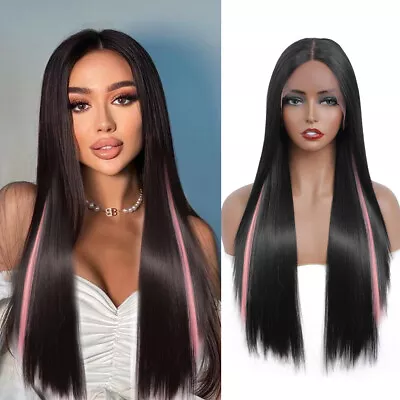 Synthetic Lace Front Wigs Long Straight Black With Pink Hightlights Daily Wigs • $33.82