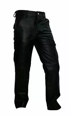 Mens Cargo Pants Real Black Leather 6 Pockets Cargo Pants Jeans • $104.99