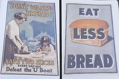 2x Wartime Home Front Posters: Eat Less / Don't Waste Bread Defeat The U Boat • £8.99