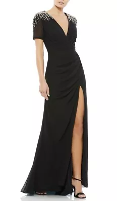 Ieena Mac Duggal Black Beaded Sequin Shoulder Ruched V-Neck Gown Size 8 $498 NWT • $130