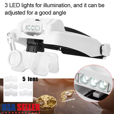 Headband 3 LED Head Light Loupes With 5 Lenses Glasses Magnifier Loupe Jeweler • $23.74