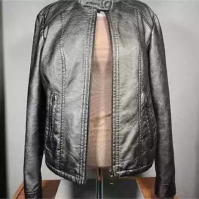 Baccini Moto Jacket Metallic Silver Faux Leather Womens Size Petite Medium • $35