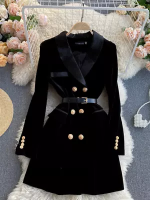 2023 NEW Women's Velvet Suit Coat Winter Double Row Button Long Sleeve UK • £47.99