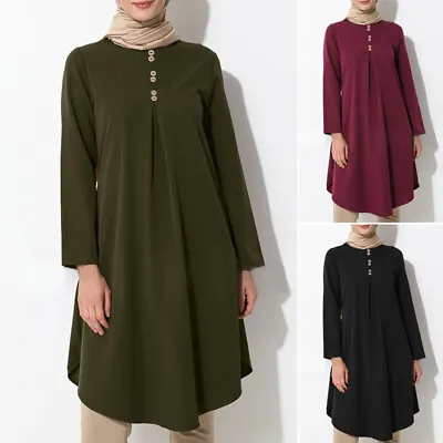 ZANZEA Womens Muslim Long Sleeve O Neck T Shirts Plain Baggy Abaya Dress Blouse • $23.96