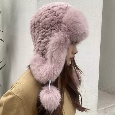 Winter Hat Women Warm Natural Rabbit Fur Knitted Hats With Earflaps Handsewn Hat • $134.44