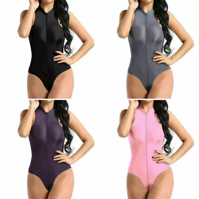 Women's Sleeveless Shiny Bodysuit Stretch Jumpsuit Romper Zipper Crotch Swimwear • £11.87