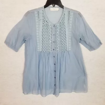 JOHNNY WAS 4 LOVE AND LIBERTY Crochet Inset Button Loose Boho Top Blue Small • $32.77