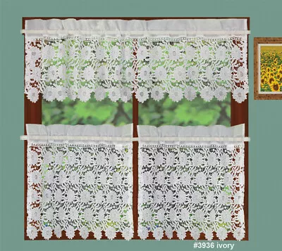 Creative Linens Sunflower Knitted Lace Kitchen Curtain Valance 24  Tiers Ivory  • $13.99