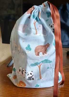 Handmade Cotton Fabric Gift Bag  Blue Safari Drawstring Reusable Childrens  • £1.60