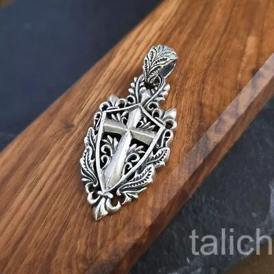 Solid 925 Sterling Silver Cross Shield Pendant With Beautiful Ornate Vines • $39.95