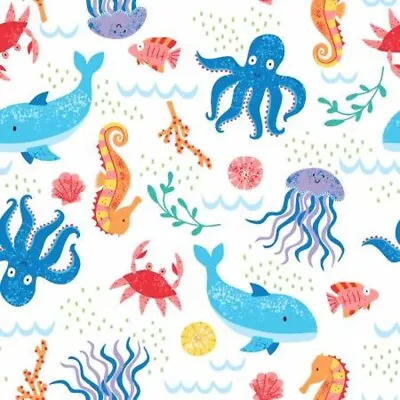 Nautical Fabric | Seas Day Octopus Whale Crab White | Studio E YARD • $10.98