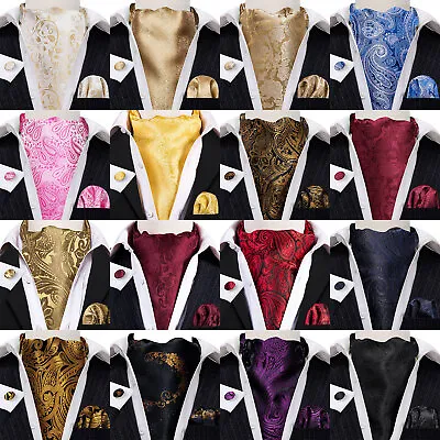 Mens Silk Ascot Cravat Vintage Tie Jacquard Paisley Scarf Hanky Cufflinks Set • £9.59