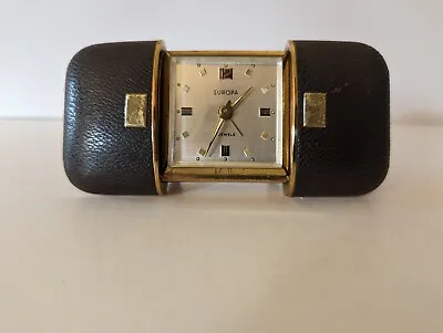 Vintage Europa Travel Alarm Clock 7 Jewels Leather & Brass Sliding Case Germany • $50