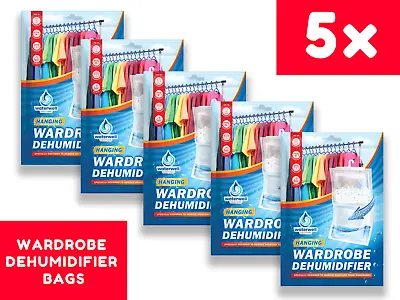 5X Hanging Wardrobe Dehumidifier Bags Stops Damp Mould Mildew Absorb Moisture • £9.99