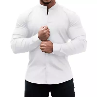 Mens Muscle Dress Shirts Slim Fit Stretch Collarless Long Sleeve Button Shirt U. • $17.84