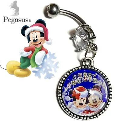 Merry Christmas Mickey & Minnie Mouse Cabochon Glass Dangle Belly Navel Bar • £6.99