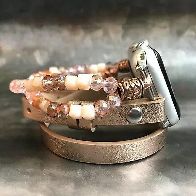 Beaded Apple Watch Band Women IWatch Jewellery Fitbit Bracelet Faux Leather Rose • $95.85