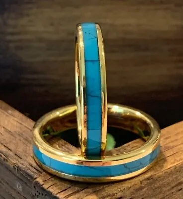 Gold Tungsten Wedding Band With Turquoise Inlay - Womens Mens 4mm Slim Fit Ring • $31.95