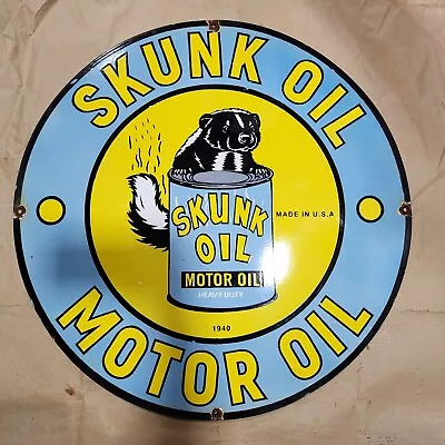 Skunk Motor Oil Porcelain Enamel Sign 30 Inches Round • $100