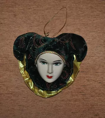 VTG NOLA Mardi Gras CERAMIC Ornament Fashion LADY Head JESTER Green Gold WALL DE • $26.59