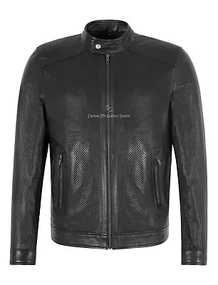 Men's PERFORATED Leather Jacket SUMMER Fashion Racer Black Lamb Leather Jacket • $186.68