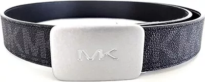 Michael Kors Mens Belt Black Authentic MK Plaque Logo Silver Buckle New NWT $98 • $49.98