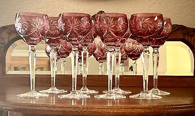 8 Nachtmann Traube Cut To Clear Cranberry Hock Glasses  8 1/4” • $299