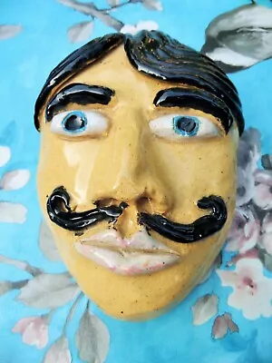 Handmade Pottery Face Mask Ornament Quirky Unusual Moustache Circus Strongman • £45