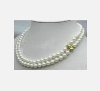 18  Double Strands AAAAA 7-8mm Natural Akoya White Pearl Necklace 14K GOLD CLASP • $89