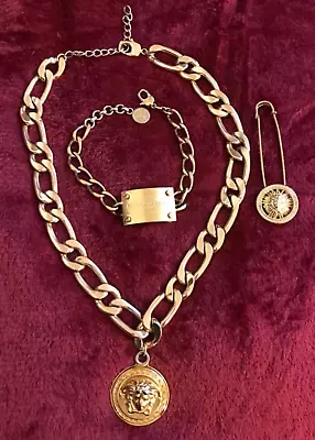 VERSACE NECKLACE AND BRACELET SET MEDUSA GOLD TONE With Pin Perfect Set • $299